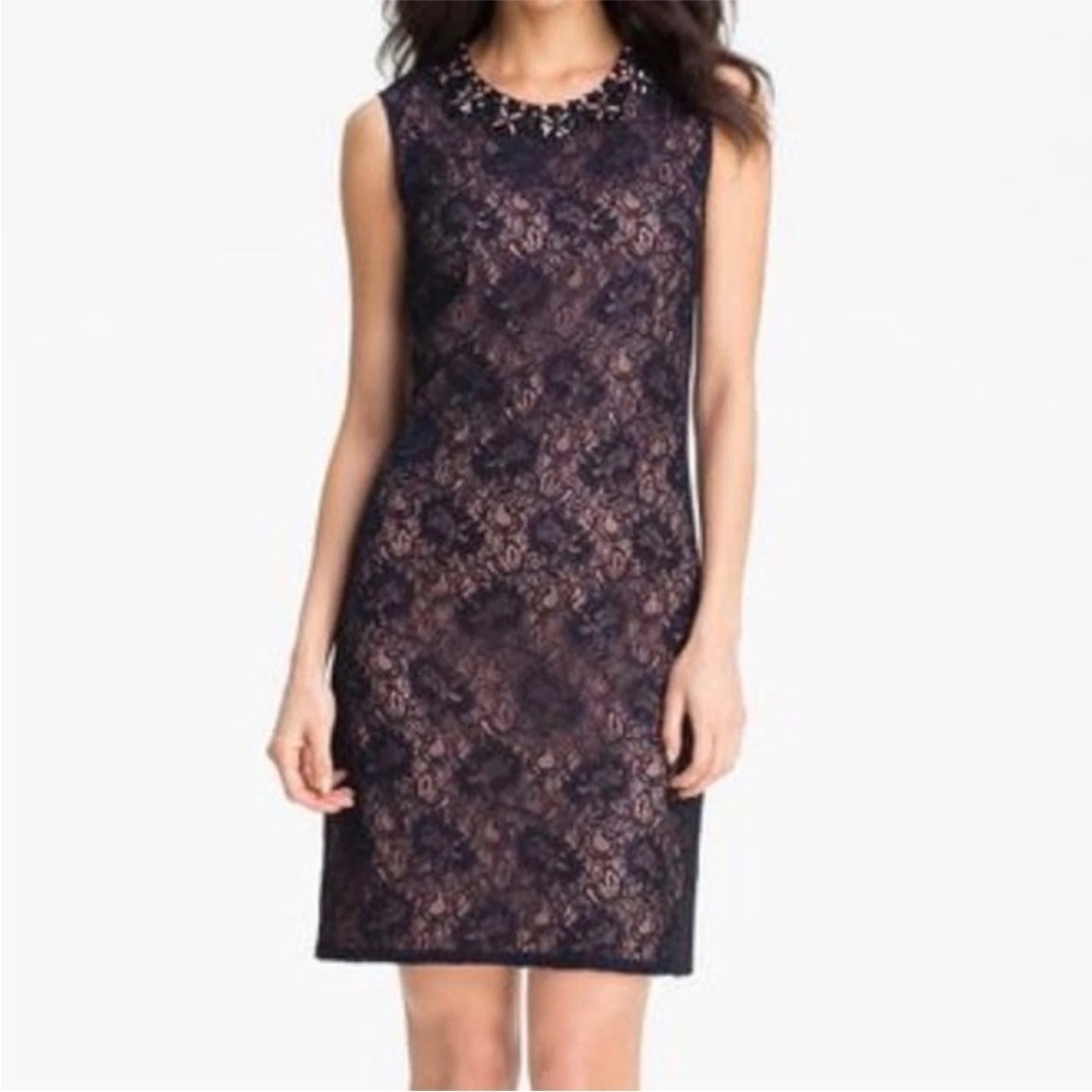Adrianna Papell Black and Pink Lace Mini Dress